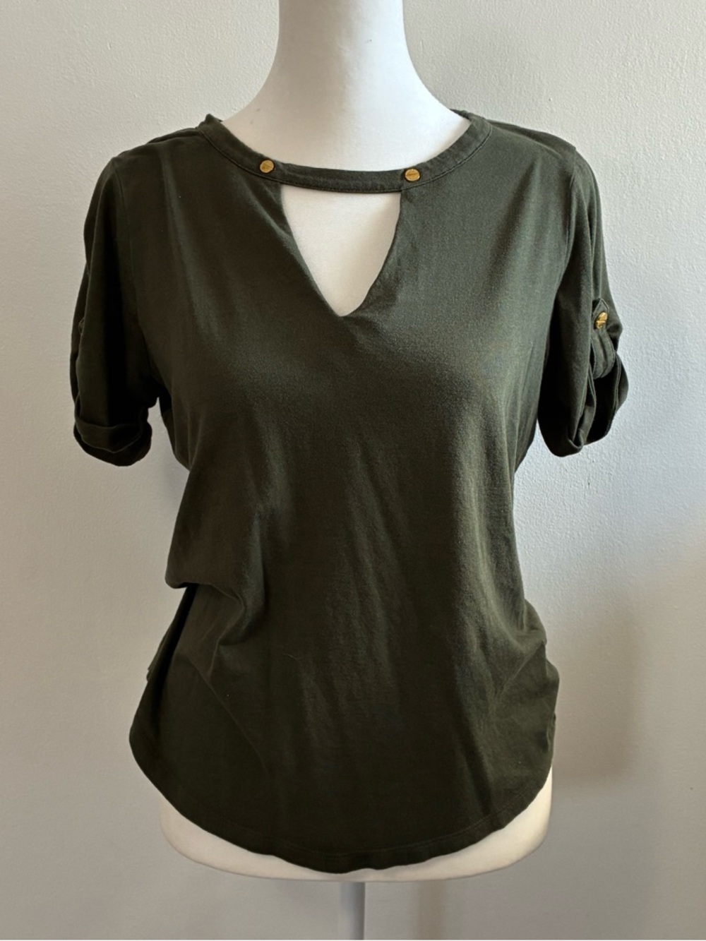 Michael Kors Olive Green Short Sleeve Keyhole Tee with Button Accents